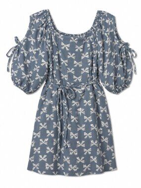 Bow Print Cold-Shoulder Dress in Dusty Blue and White, Size Small